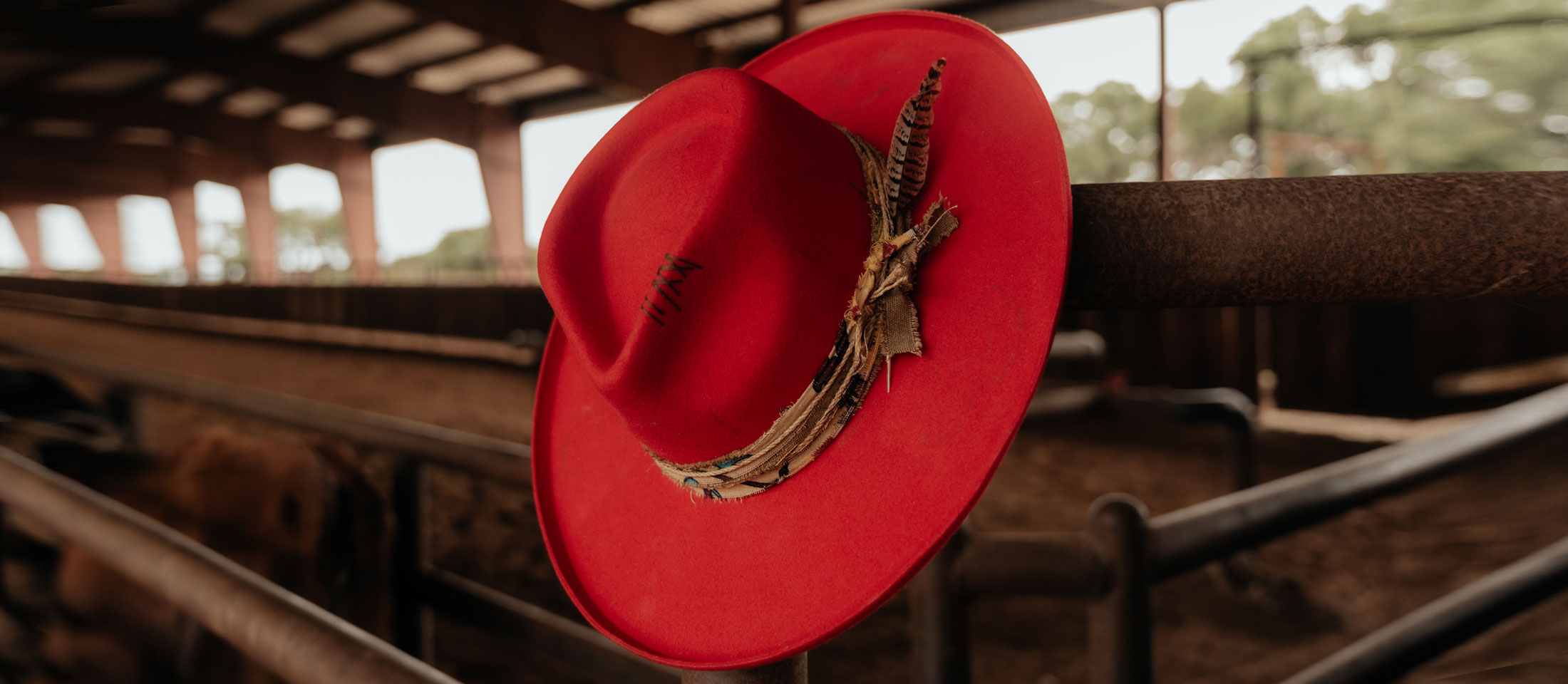 A red cowboy hat handing on a fence inside a barn.